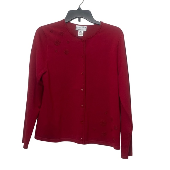 Pendleton Medium Red Cardigan 82% Silk Nylon Beadwork Long Sleeve button Lined - Picture 3 of 7